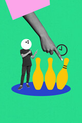 Trend composite sketch template 3D collage of bowling skittles hand gesture finger point young man...