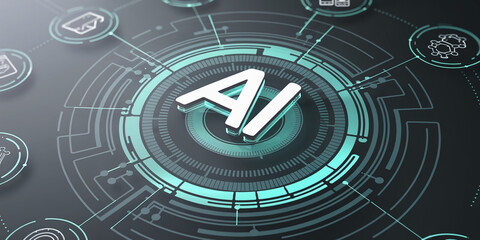 Obraz premium 3D AI logo on a dark teal technological background, representing artificial intelligence, innovation and futuristic technology