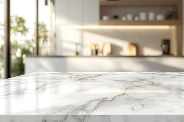 Empty marble countertop, modern kitchen background