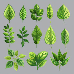  a collection of twelve different green leaves, each with unique shapes, vein patterns, and textures. The leaves are illustrated in a realistic yet slightly stylized manner, with soft shading and vibr