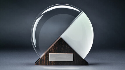 Circular glass award on dark wood triangular base, featuring clear and frosted sections, blank metal plate for inscription, showcasing achievement or recognition