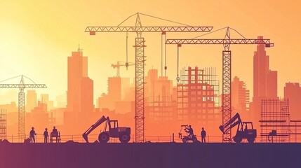 Obraz premium Skilled Workers Operating Heavy Machinery at Construction Site Sunset
