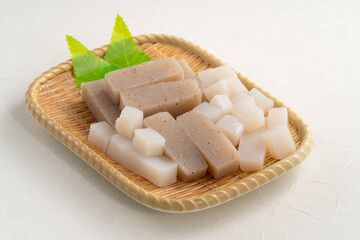 Raw konjac in square shape, also named konnyaku in Japan.