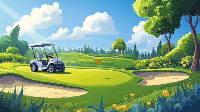 Golf club posters with illustration of green course, cart and player. Vector cartoon flyers with cartoon golfer man with putter, car, white ball and hole in ground with red flag on grass