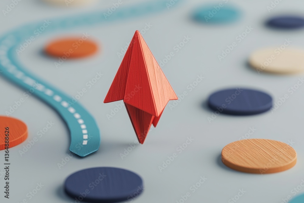Poster geometric origami red paper airplane flight path on light background disks for planning future visio