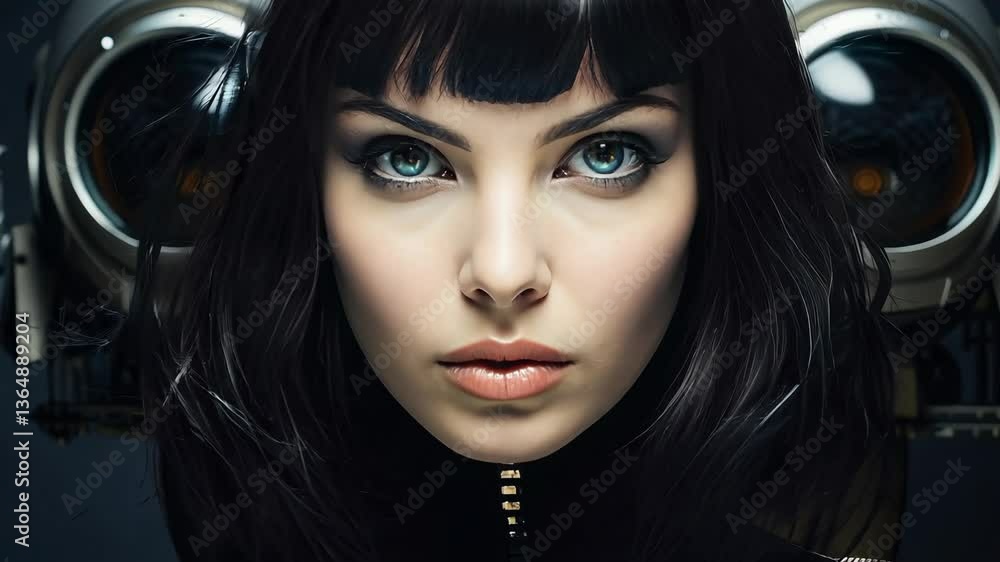 Poster portrait of a woman symbolically turning into virtual human, virtual character, or digital clone, us