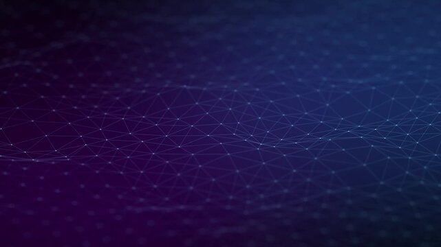 Futuristic polygonal mesh, AI concept. Digital, communication and technology network background with moving lines and dots. Backdrop for music, party, presentation, corporate event.