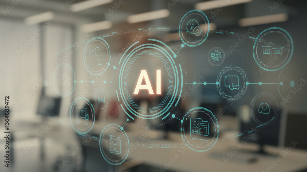 Poster ai interface overlay on blurred office background, showcasing technological network concept connecti