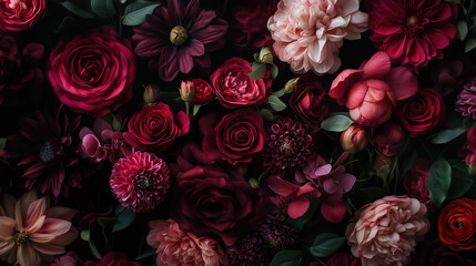 Dark Romantic Floral Backdrop with Roses, Peonies, and Chrysanthemums in Jewel Tones – Moody Botanical Realism