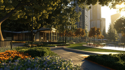 Obraz premium City infrastructure elements with urban building, park kit, fence, bush and tree isolated on background. Library house, restaurant and hotel with signboard clipart to construct custom cityscape street