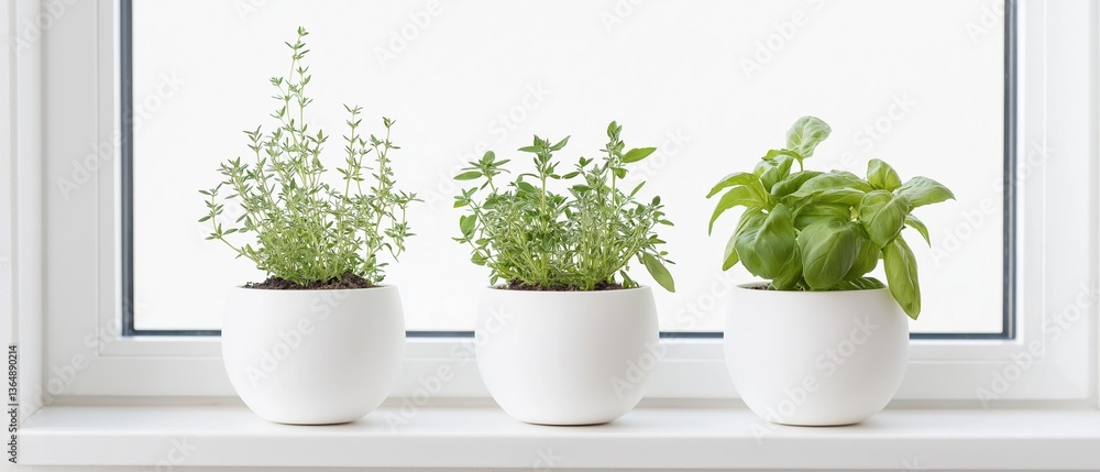 Poster three white pots with different types of plants in them on a white window sill.