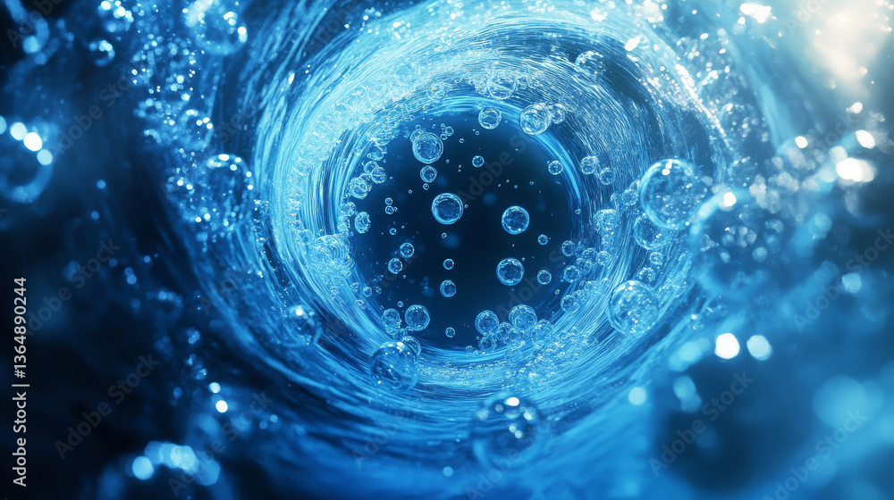 Wall mural luminous bubble swirl effects in blue color with transparent spheres along curved paths. glowing spi