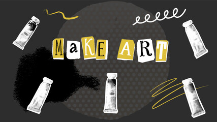 Art workshop video collage background. Paint tubes, cutout ransom lettering and halftone ink splash. Creative workspace moodboard template