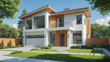 Inviting Modern Home with a Paved Walkway and Scenic Trees