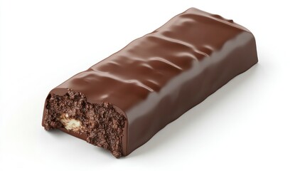 Chocolate bar with a bite taken out.  A rich, dark chocolate bar, glossy and smooth, with a center of a chewy, filling