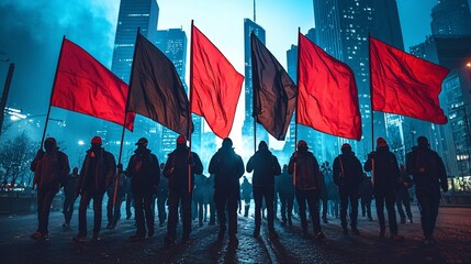 Labor Union Members Marching in Solidarity with Flags at Night