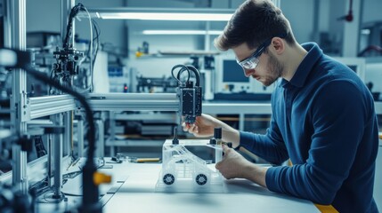 A 3D printing engineer creating automotive prototypes, industrial workshop with 3D printers and automotive parts in the background, High-tech style