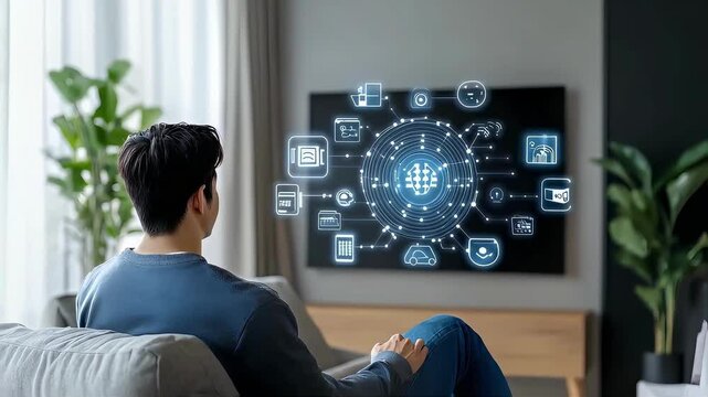 Young Asian male interacting with virtual technology in a modern interior.