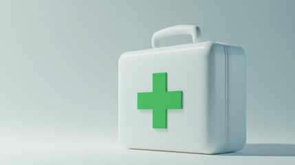 Obraz premium A white first aid kit featuring a prominent green cross symbol stands against a plain light background. This setup emphasizes health and safety, suitable for emergency preparedness