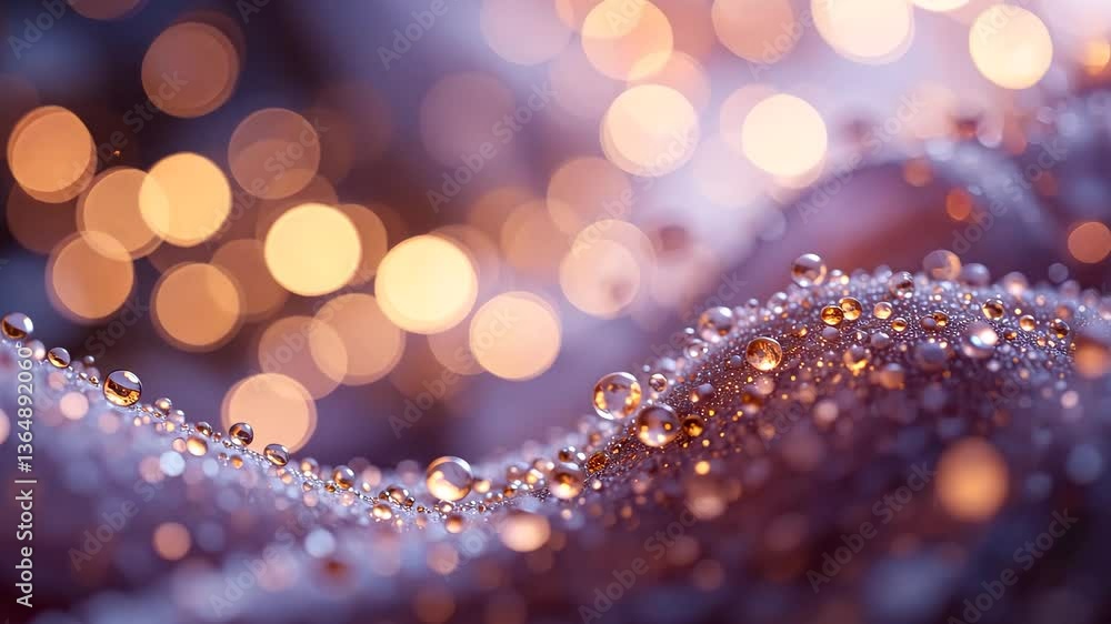 Poster water droplets on lilac surface with golden bokeh background creating a dreamy abstract design