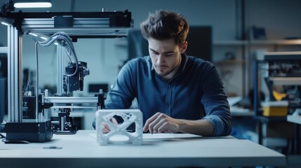 A 3D printing expert designing mechanical prototypes, high-tech workshop with 3D printers and mechanical models visible, High-tech style