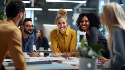 A diverse group of professionals in an office, engaged in a creative brainstorming session. Smiling coworkers of different ethnicities and genders collaborate, reflecting modern, inclusive workplaces.