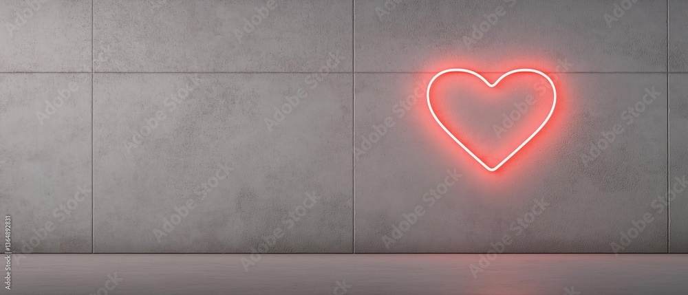 Poster 3d rendering of a red neon heart on a gray concrete wall. the heart is in the center of the image an