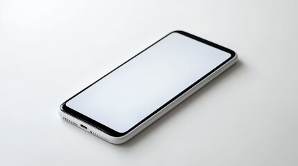 A sleek smartphone sits on a clean, white surface. The device features a large, blank screen, emphasizing its modern design and potential for customization. Ideal for technology enthusiasts