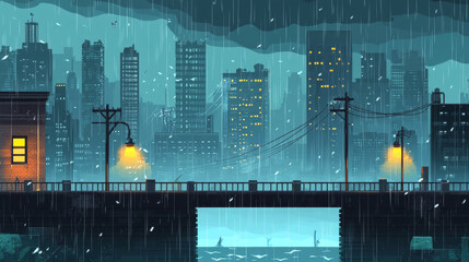 Parallax background modern city at storm, urban skyline view with low-water bridge, metropolis cityscape with skyscraper buildings, separated layers, for 2d game animation, Cartoon vector illustration