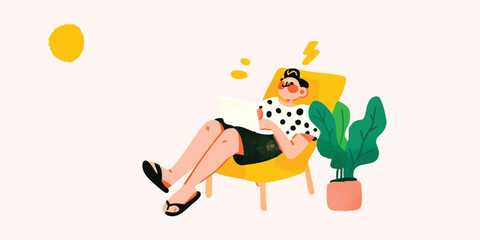 Fototapeta premium An artistic illustration of a person enjoying leisure time outdoors. The scene depicts a person sitting on a comfortable recliner, absorbing the warm sunshine and serenity. 