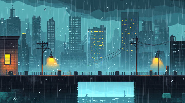 Parallax background modern city at storm, urban skyline view with low-water bridge, metropolis cityscape with skyscraper buildings, separated layers, for 2d game animation, Cartoon vector illustration