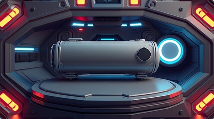 Cylindrical device rests inside a futuristic or space station