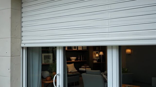 White Roller Shutter Windows Showing Dimly Lit Living Room