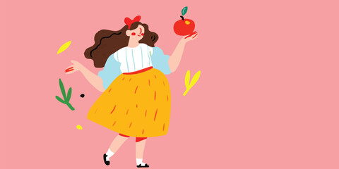 A young woman, with a vibrant red bow in her dark flowing hair, delicately balances a plump red apple in her hand, a symbol of health.