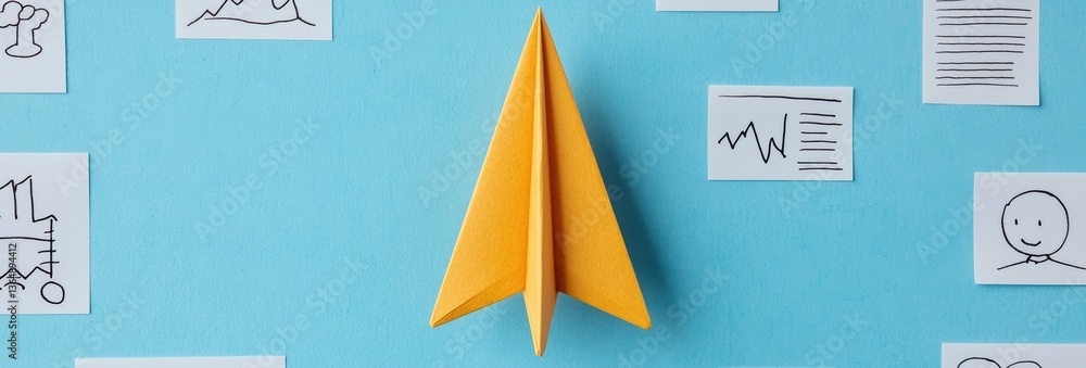 Poster yellow paper airplane on light blue surrounded by notes with data and graphs for planning and strate