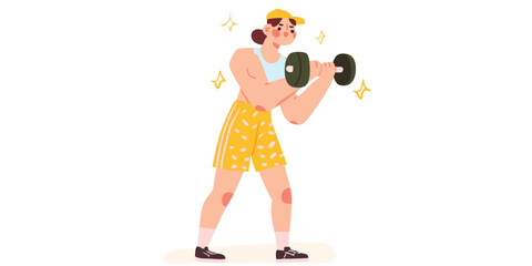 Fototapeta premium A dynamic woman lifts a dumbbell, showcasing her strength in this illustrative piece, radiating a zest for fitness and an active lifestyle.