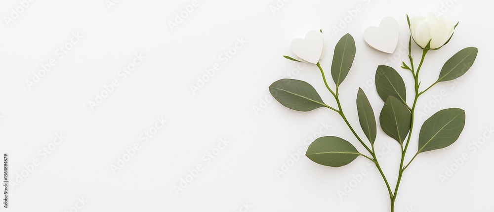 Poster flat lay of a branch with three white flowers and green leaves. the branch is on the right side of t