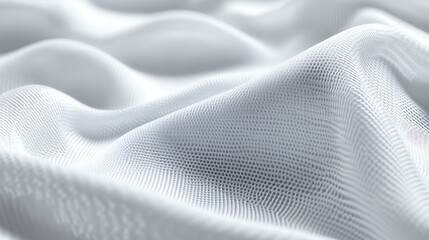 A digitally rendered close-up of a white high-tech fabric, emphasizing its breathable and smooth woven texture.