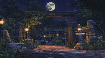 Fototapeta premium Zoo entrance with wooden board on arch at night. Vector cartoon landscape with entry gates to zoological garden, direction signs to different animals, stones, trees and moon in sky