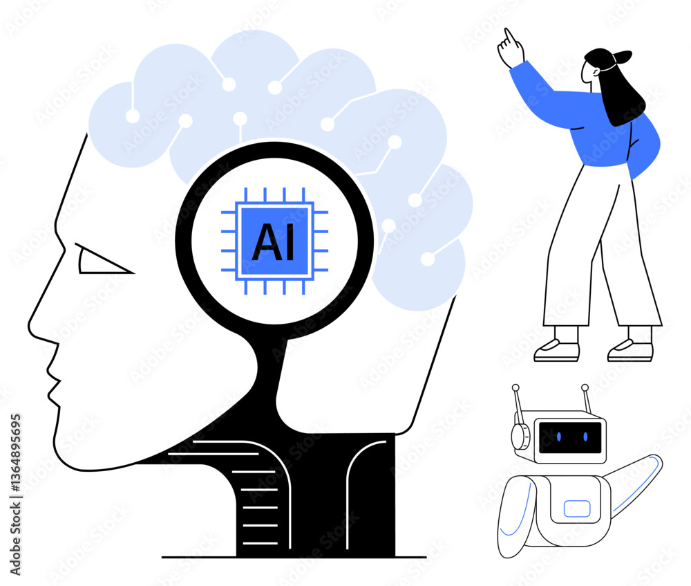 Poster human figure interacting with ai-driven concepts, robotic assistant, and digital brain circuitry. id