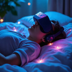 A person sleeping with a neural headset, experiencing an AI-generated lucid dream of a surreal, colorful fantasy world.