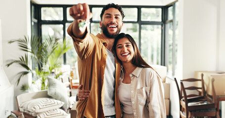 Key, happy and portrait of couple in new home with pride for property investment or real estate....