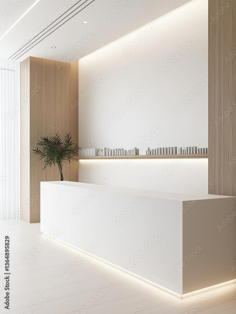 Poster modern and minimalist reception area with a white reception desk in the center. the desk is made of 