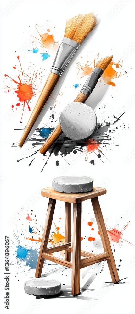 Poster artistic creation tools and materials studio space visual art colorful splashes close-up view creati