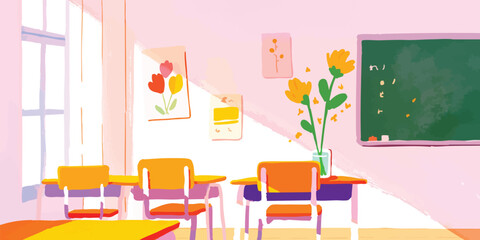 An inviting classroom, sunlit with a blackboard and desks ready for learning, featuring colorful floral decorations.