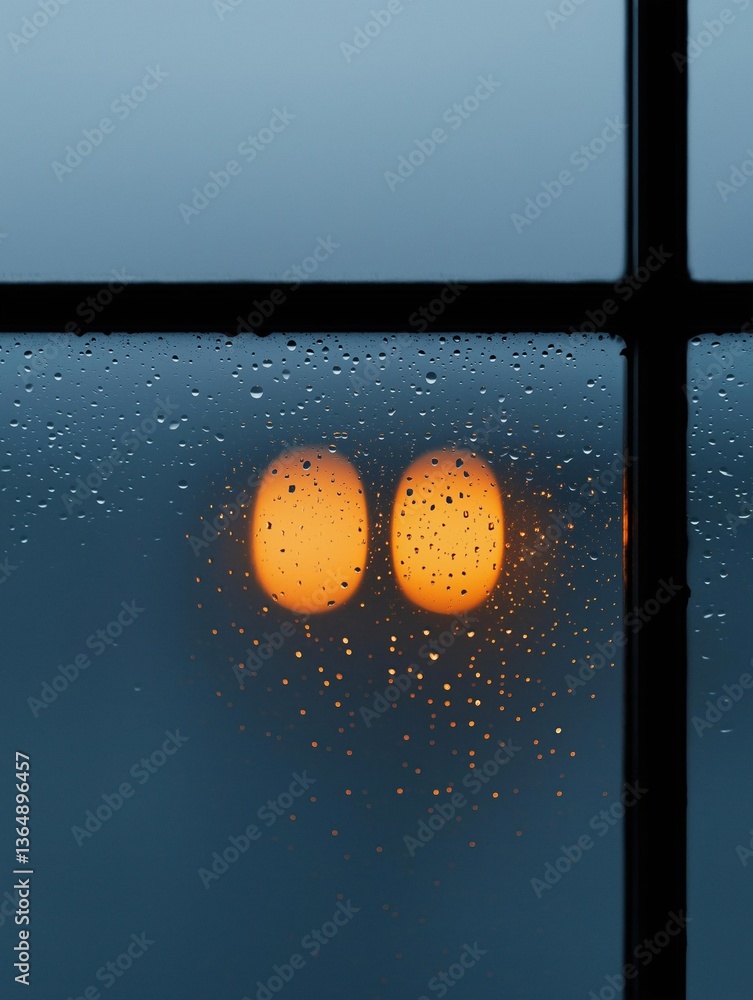 Poster close-up of a window with raindrops on it. the window is rectangular in shape and has a black frame.