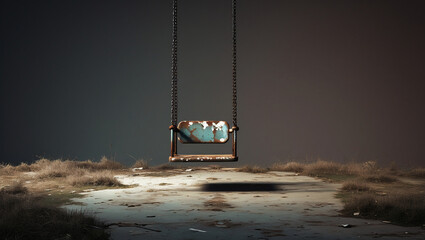 Rusty Empty Swing in Abandoned Playground – A Symbol of Lost Childhood, War, and Displacement