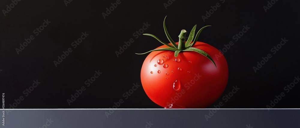 Poster close-up of a single tomato on a black background. the tomato is bright red in color and has a round