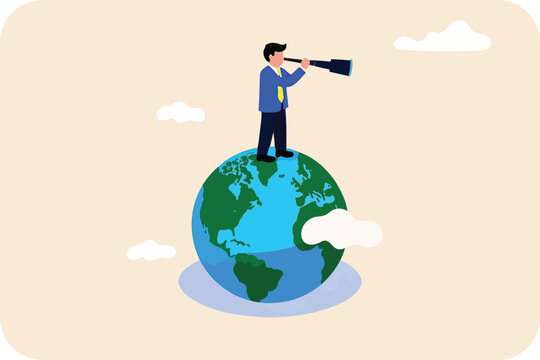 Global Vision: Man with Telescope on Earth, Exploring Opportunities and Seeking Future Prospects in a Connected World.