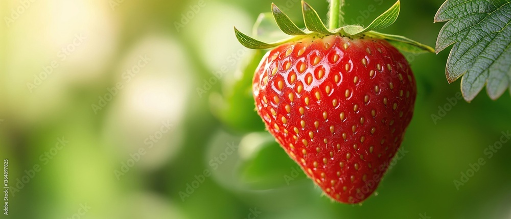 Poster close-up of a single strawberry hanging from a stem. the strawberry is bright red in color and has s